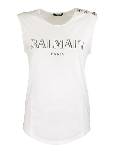 Shop Balmain Silver Logo Print Top In White