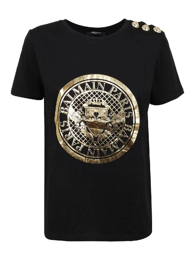 Shop Balmain Golden Medallion Print T-shirt In Black