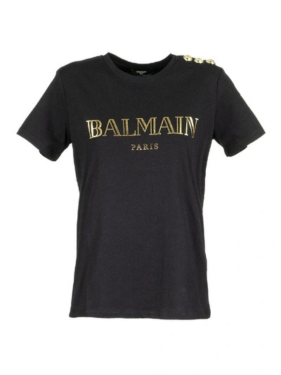 Shop Balmain Black T-shirt Featuring Logo Print And Buttons