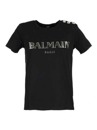 Shop Balmain Black T-shirt Featuring Logo Print And Buttons