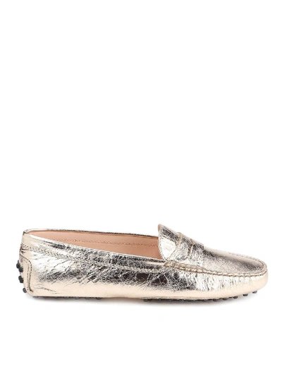 Shop Tod's Crackled Leather Loafers In Golden Color