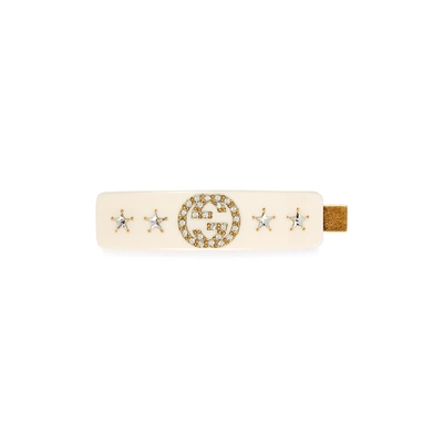 Shop Gucci Gg Black Crystal-embellished Hair Clip In Ivory
