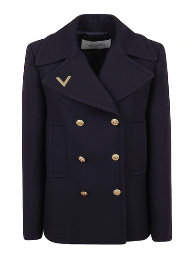 Shop Valentino Wool Double-breasted Peacoat In Dark Blue