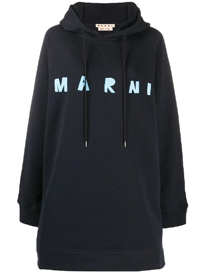 Shop Marni Oversized Logo Print Hoodie In Blue