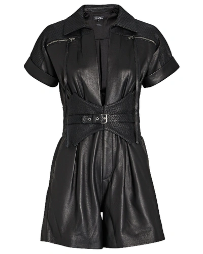 Shop Retroféte Susan Leather Short Sleeve Romper In Black