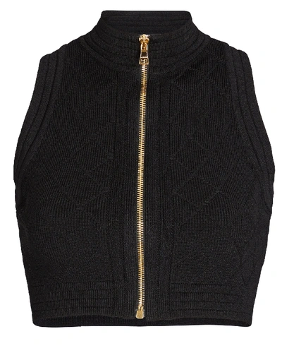 Shop Balmain Diamond Knit Zip Crop Top In Black