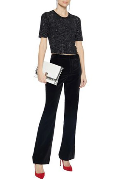 Shop Alice And Olivia Ciara Cropped Crystal-embellished Knitted Top In Black