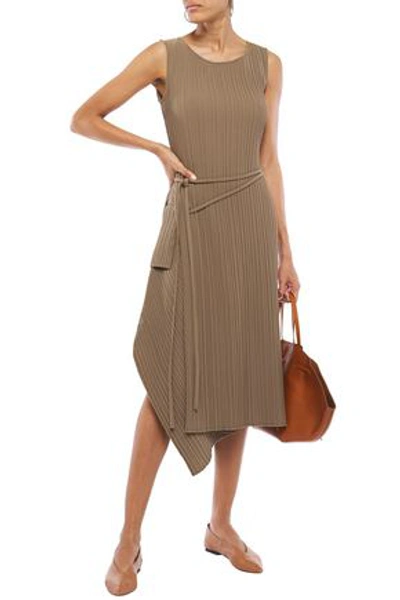 Shop Goen J Asymmetric Draped Plissé-twill Midi Dress In Taupe