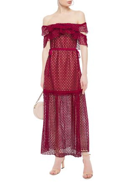 Shop Self-portrait Off-the-shoulder Cutout Ruffled Guipure Lace Maxi Dress In Crimson