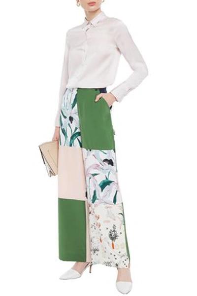Shop Tory Burch Patchwork-effect Printed Silk Crepe De Chine Wide-leg Pants In Ivory