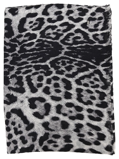 Shop Saint Laurent Leopard Print Silk Scarf In Graphite/black