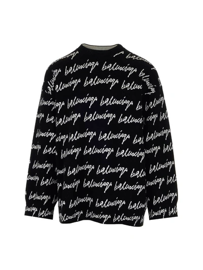 Shop Balenciaga L/s Crewneck Logo In Black White