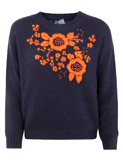 Shop Prada Crewneck Floral Knit Sweater In Navy/orange