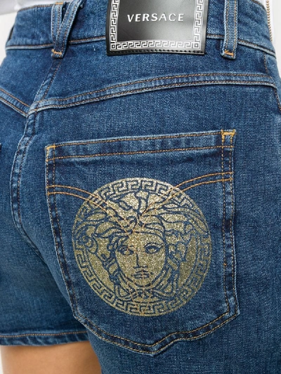 Shop Versace Medusa Head Print Denim Shorts In Blue