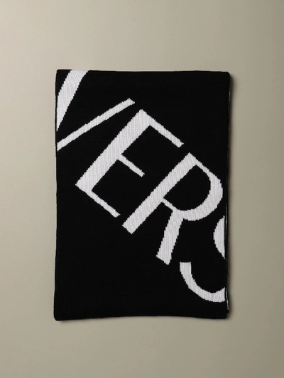 Shop Versace Double Face Jacquard Scarf In Logoed Wool In Black