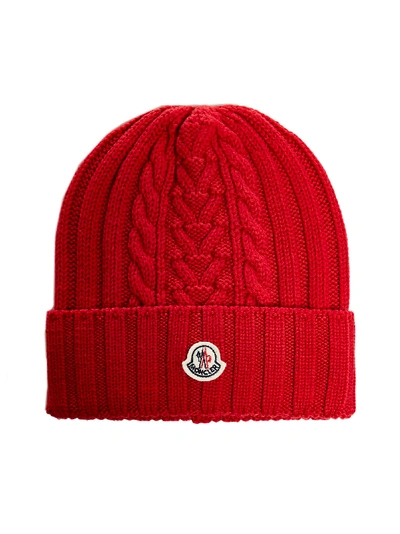 Shop Moncler Logo-patch Wool Beanie In Rosso