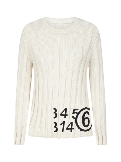 Shop Mm6 Maison Margiela Embroidery Logo Rib-knit Cotton Sweater In Off White