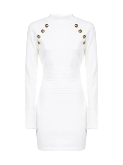 Shop Balmain Diamond-motif Stretch Knit Mini Dress In Blanc