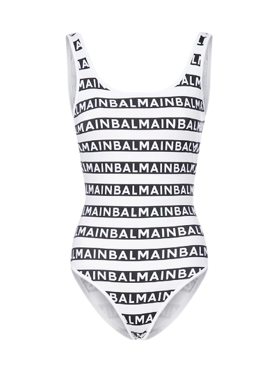 Shop Balmain Logo-motif Striped Swimsuit In Black White