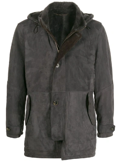 Shop Ajmone Hooded Leather Coat In Grey