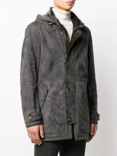 Shop Ajmone Hooded Leather Coat In Grey