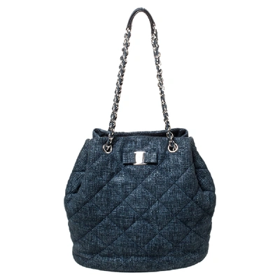 Pre-owned Ferragamo Navy Blue Quilted Nubuck Leather Genny Bucket Bag