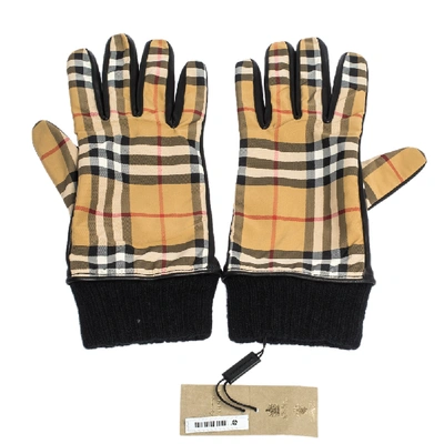 Pre-owned Burberry Beige Check Cashmere Lined Leather Trim Gloves