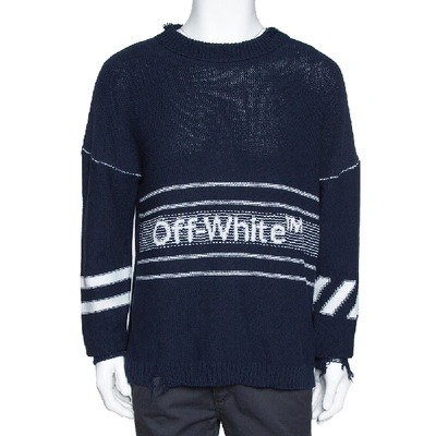Pre-owned Off-white Off White Navy Blue Logo Intarsia Knit Distressed Jumper S