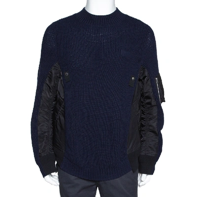 Pre-owned Sacai Navy Blue Rib Knit Wool Paneled Pullover M