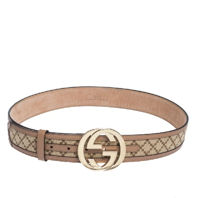 Pre-owned Gucci Beige Diamante Canvas And Leather Interlocking G Buckle Belt 85cm