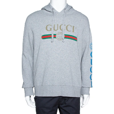 Pre-owned Gucci Grey Cotton Jersey Dragon Embroidered Logo Sweatshirt M