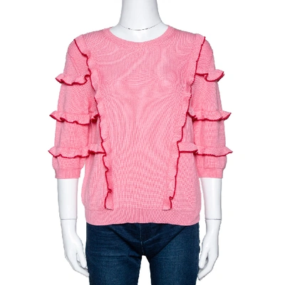 Pre-owned Valentino Pink Cotton Knit Ruffle Trim Sweater M
