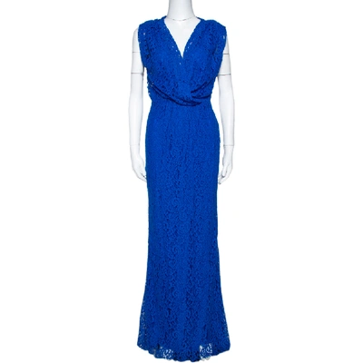 Pre-owned Ch Carolina Herrera Cobalt Blue Floral Lace Draped Gown S In Black
