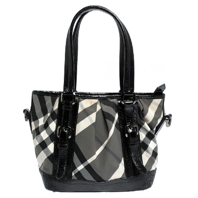 Pre-owned Burberry Grey/black Beat Check Nylon And Patent Leather Lowry Tote