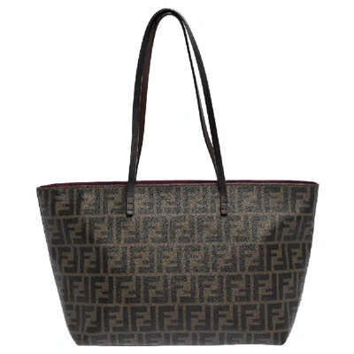 Pre-owned Fendi Tobacco Zucca Coated Canvas Roll Tote In Brown