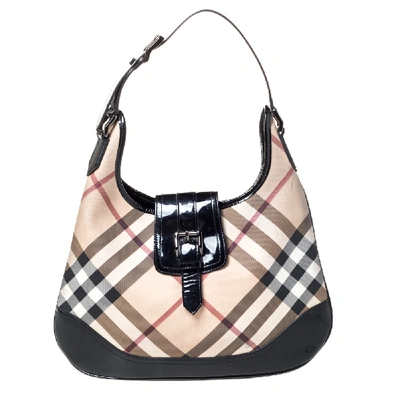 Pre-owned Burberry Beige/black Nova Check Pvc And Patent Leather Large Brooke Hobo
