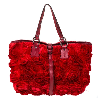 Pre-owned Valentino Garavani Red Floral Applique Satin And Leather Shopper Tote