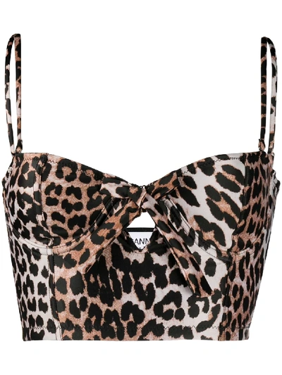 Shop Ganni Leopard Print Bikini Top In Black