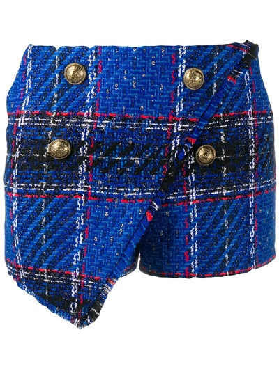 Shop Balmain Tartan-check Tweed Shorts In Blue