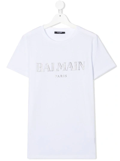 Shop Balmain Teen Logo-print Crew Neck T-shirt In White