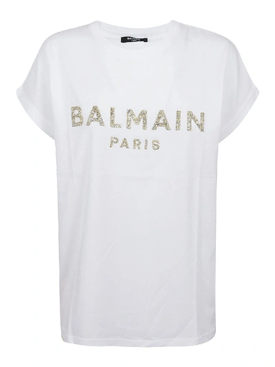 Shop Balmain Embellished Logo T-shirt In White