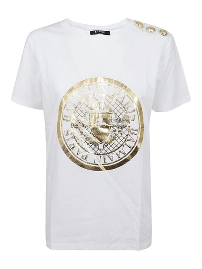 Shop Balmain Golden Medallion Print T-shirt In White