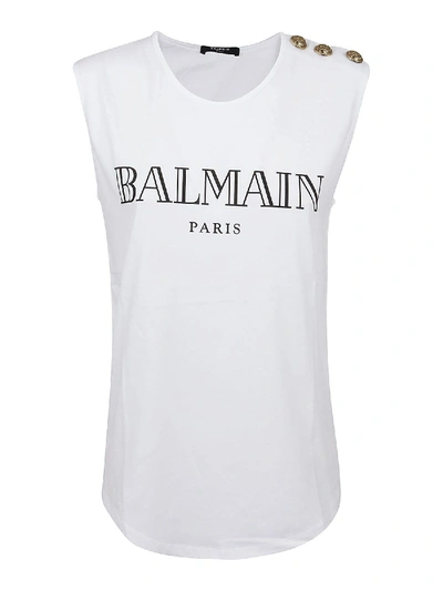 Shop Balmain Logo Jersey Top In White