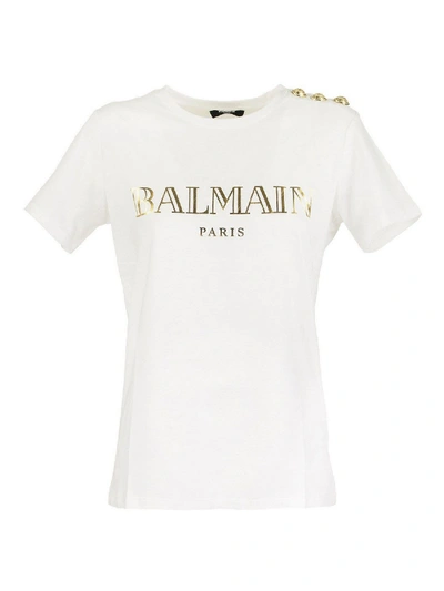 Shop Balmain Logo Print And Buttons T-shirt In White