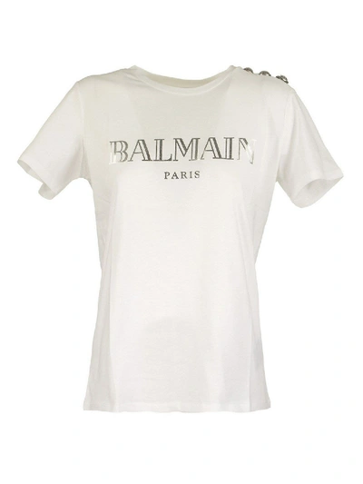 Shop Balmain Logo Print And Buttons T-shirt In White