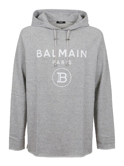 Shop Balmain Grey Hoodie Featuring Embossed Logo