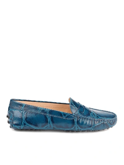 Shop Tod's Croco Printed Leather Driver Loafers In Teal Blue In Light Blue
