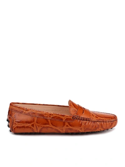 Shop Tod's Croco Printed Leather Loafers In Brown