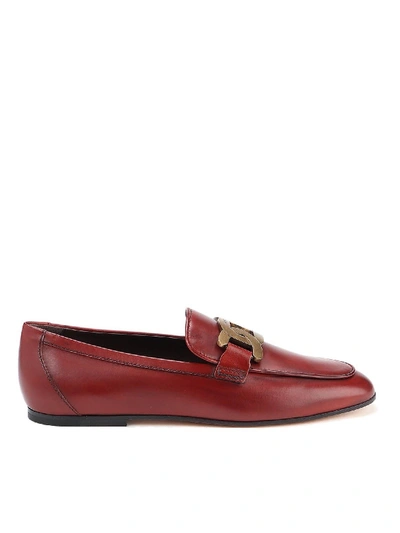 Shop Tod's Leather Loafers In Burgundy With Golden Logo In Red
