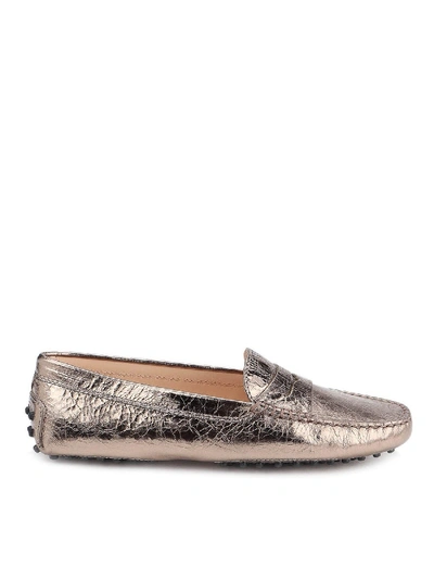 Shop Tod's Crackled Leather Driver Loafers In Bronze Color